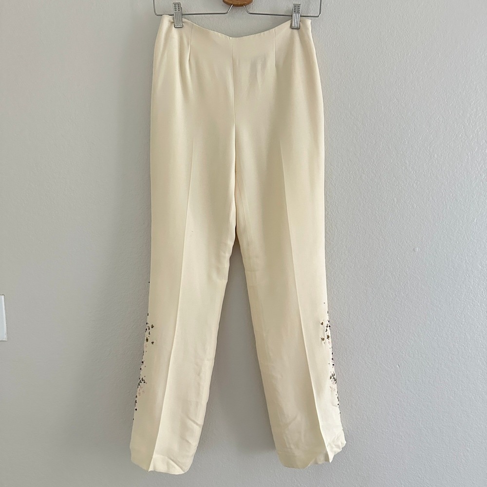 Dana Buchman Aphrodite Pants Petite 4 Cream Beaded Floral Silk Look Wide Leg